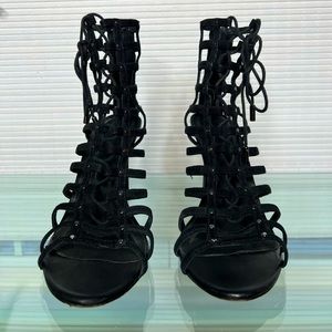 Joie black suede caged lace up bootie heels with stud detail